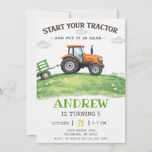 Invitation Personal simple Tractor Birthday (Devant)