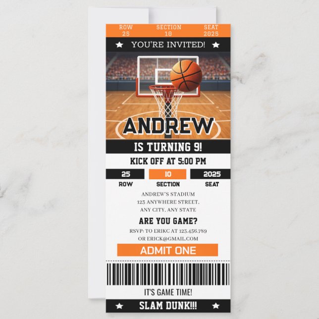 Invitation Personal Slam Dunk Birthday Bash Sports Ticket  (Devant)