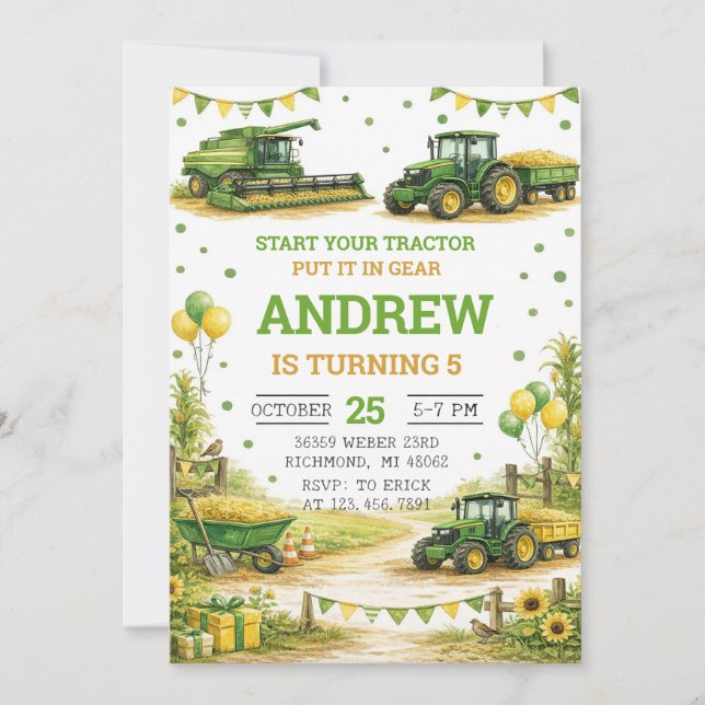 Invitation Personal Tractor Birthday (Devant)