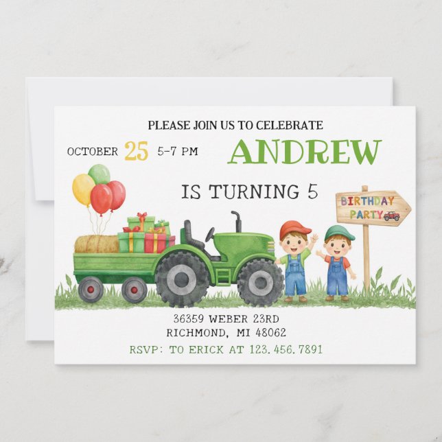 Invitation Personal Tractor Birthday (Devant)