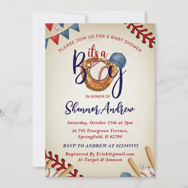 Invitation Personal Vintage Baseball Baby Shower Bundle (Devant)