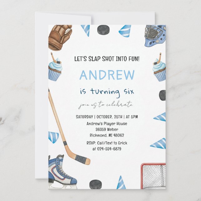 Invitation Personal Watercolor Hockey Birthday Party (Devant)