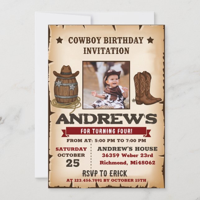 Invitation Personal Western Wild West Cowboy Birthday Party (Devant)