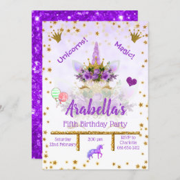 Invitation Personalisé Purple, Or Stars Unicorn Anniversaire
