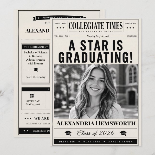 Invitation Personalised Newspaper Graduation Announcement (Devant / Derrière)