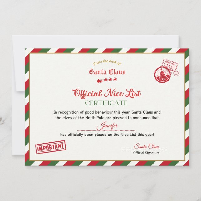 Invitation Personalised Official Nice List Certificate Santa (Devant)
