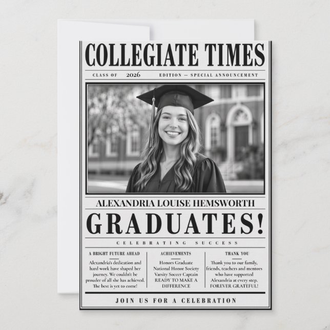 Invitation Personalised QR code Newspaper Graduation (Devant)