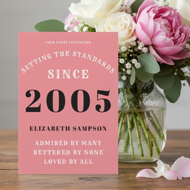 Invitation Personalized 21st Birthday 2005 Add Your Name Pink (2005 birthday invitation on a table with flowers.)