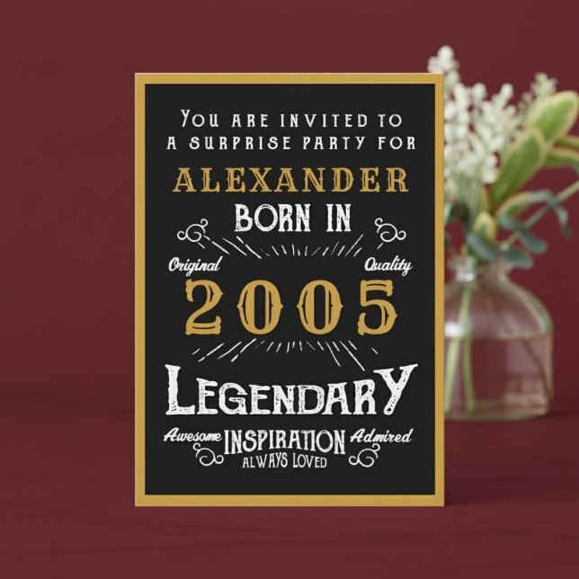 Invitation Personalized 21st Birthday 2005 Black Gold Legend (2005 birthday invitation. Red background.)