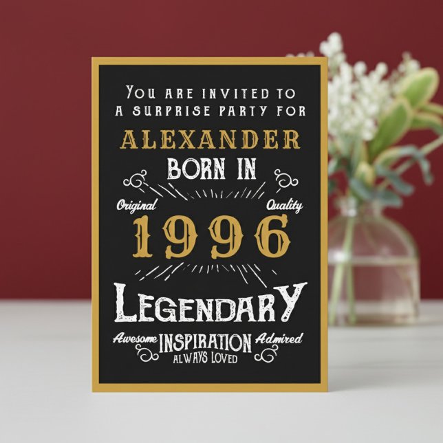 Invitation Personalized 30th Birthday 1996 Black Gold Legend (1996 birthday invitation. White and red background.)