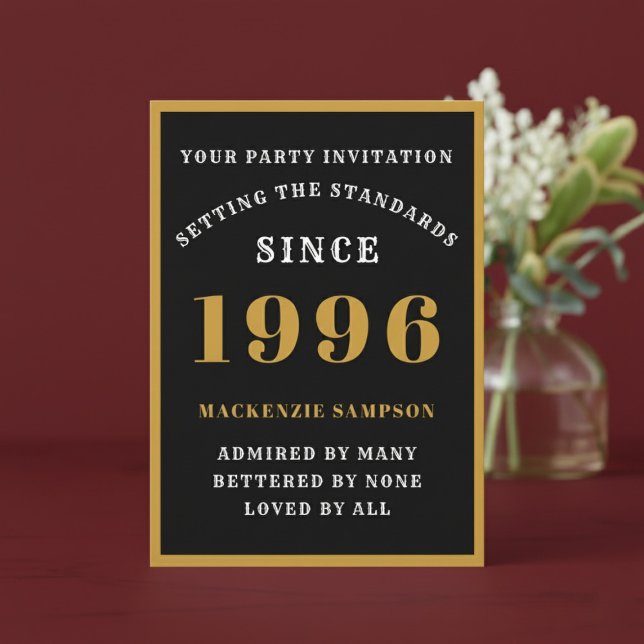 Invitation Personalized 30th Birthday 1996 Elegant Black Gold (1996 birthday invitation. Red background.)
