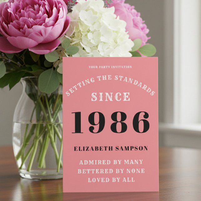 Invitation Personalized 40th Birthday 1986 Add Your Name Pink (1986 pink birthday party invitation on a table with flowers)