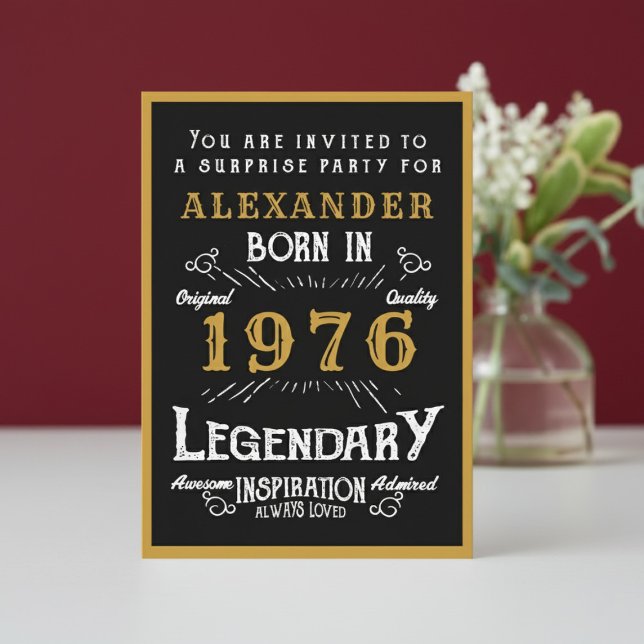 Invitation Personalized 50th Birthday 1976 Black Gold Legend (1976 birthday invitation. White and red background.)