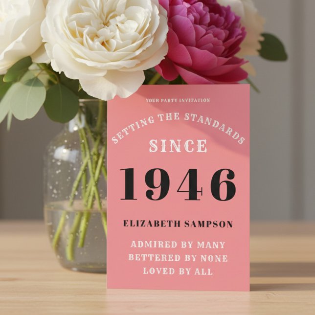Invitation Personalized 80th Birthday 1946 Add Your Name Pink (1946 pink birthday invite on a table with flowers)