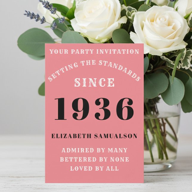 Invitation Personalized 90th Birthday 1936 Add Your Name Pink (Born 1936 Pink Party invite on a table with flowers. )