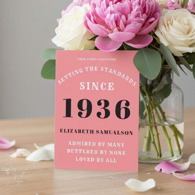 Invitation Personalized 90th Birthday 1936 Add Your Name Pink (1936 pink birthday invitation on a table with flowers)