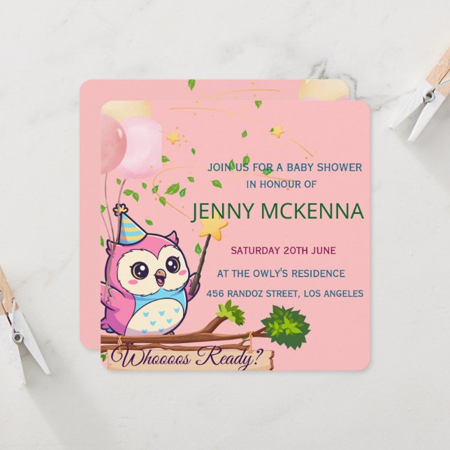 Invitation Personalized Baby Shower Invitation, Owl Design (Devant/Arrière en situation)