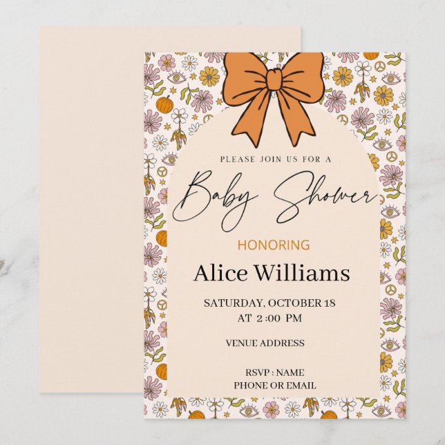 Invitation Personalized Boho Floral Bow Baby Shower Invite (Devant / Derrière)