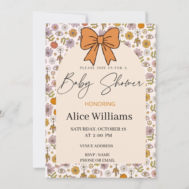 Invitation Personalized Boho Floral Bow Baby Shower Invite (Devant)