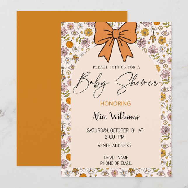 Invitation Personalized Boho Floral Bow Baby Shower Invite (Devant / Derrière)