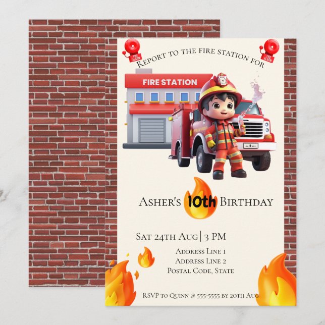 Invitation Personalized Cute 3D Fire Fighter Boy Birthday  (Devant / Derrière)