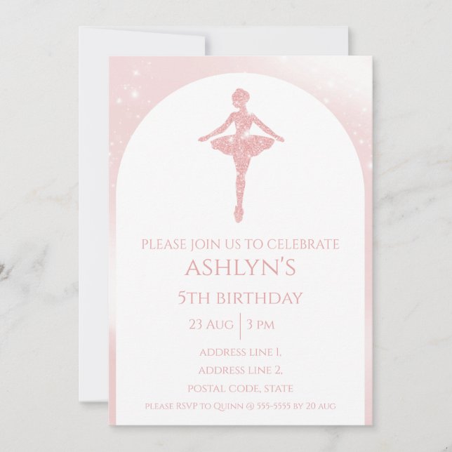 Invitation Personalized Elegant Pink Glitter Ballet Birthday (Devant)