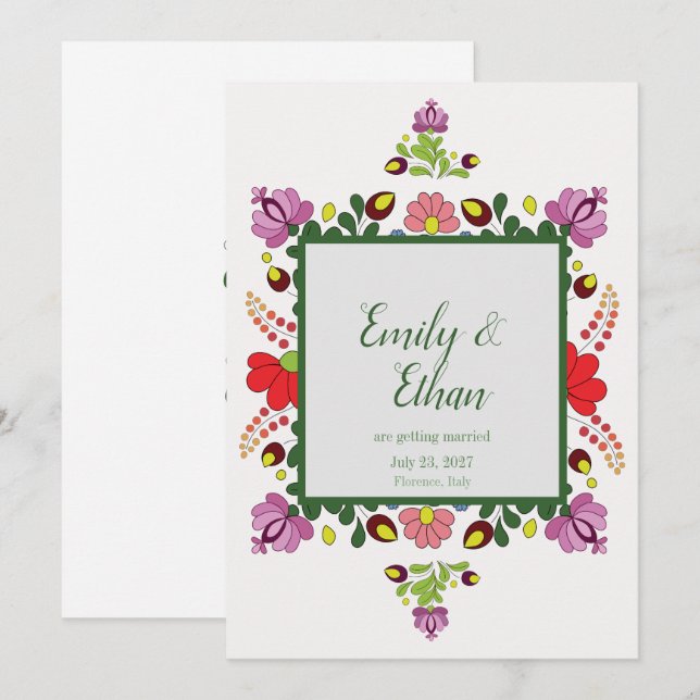 Invitation Personalized Folk Floral Wedding & Back Design (Devant / Derrière)