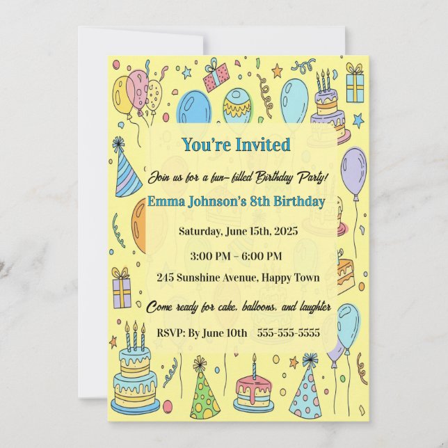 Invitation Personalized Fun Doodle Art Kids Birthday Party (Devant)