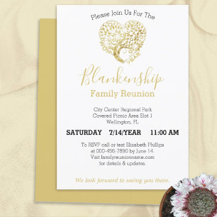 Invitation Personalized Gold Heart Tree Family Reunion White