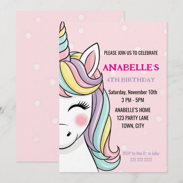 Invitation Personalized Magical Unicorn Birthday  (Devant / Derrière)