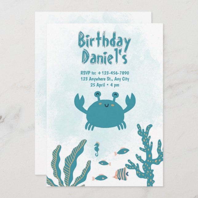 Invitation Personalized Under the Sea Crab Birthday Invitatio (Devant / Derrière)