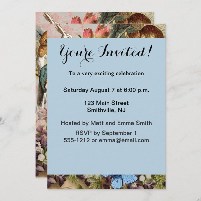 Invitation Personnages de la fête du thé Alice in Wonderland (Devant / Derrière)