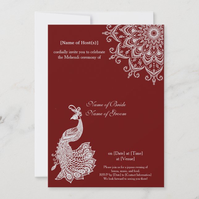 Invitation Personnalisable Argent Rouge foncé Mehendi Henna I (Devant)