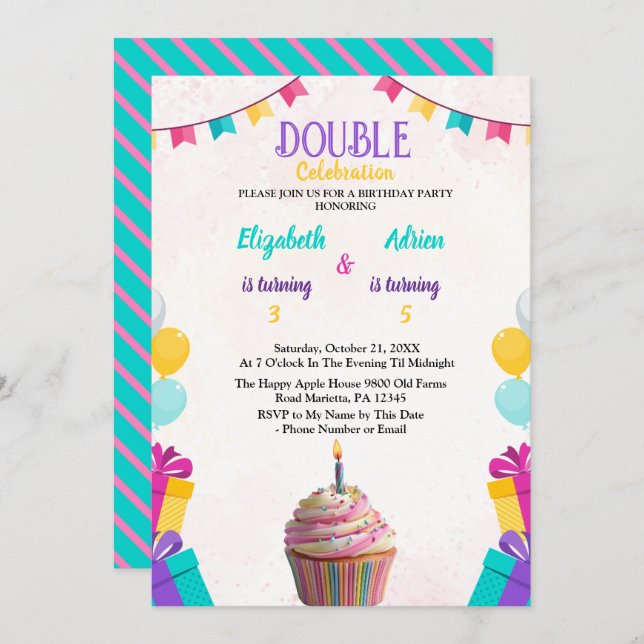 Invitation Personnalisable et amusant Colorful enfants double (Devant / Derrière)