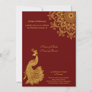 Invitation Personnalisable métal or foncé rouge Mehendi Indie