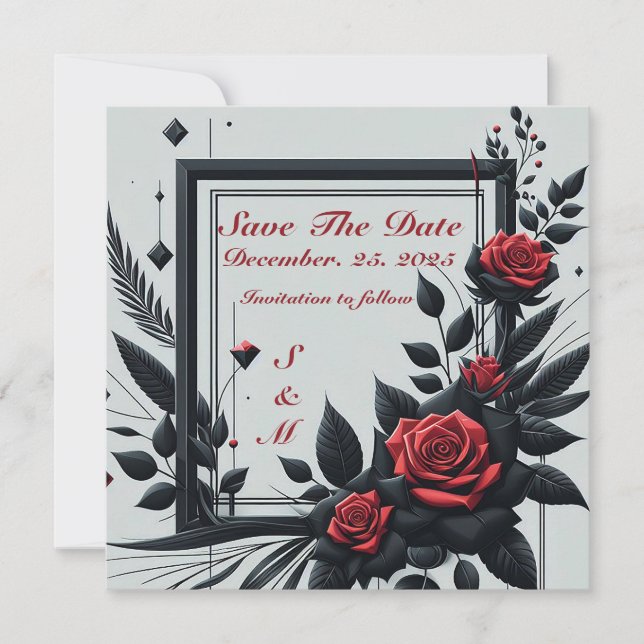Invitation Personnalisable Noir & Rouge Fleur 3D (Devant)