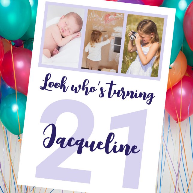 Invitation Personnalisé 21e anniversaire Purple Script Photo  (Créateur téléchargé)