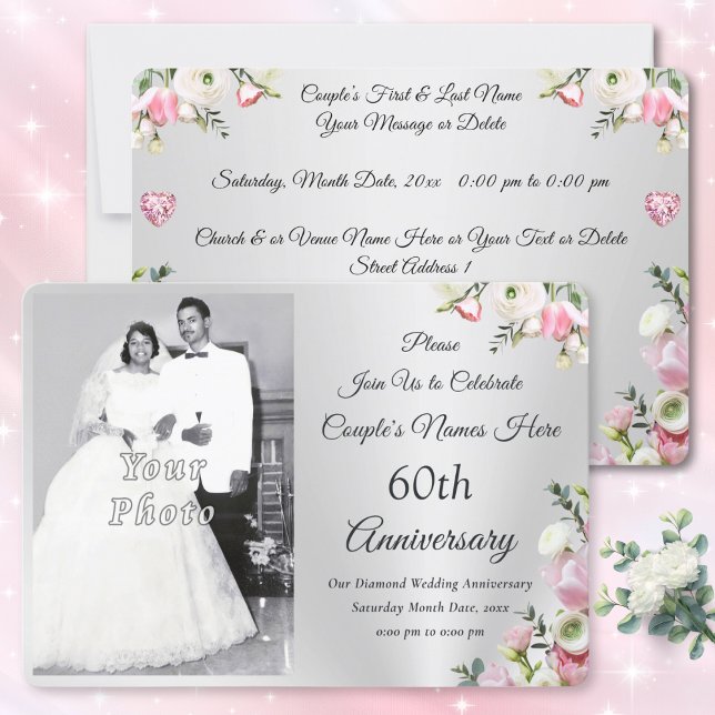 Invitation Personnalisé, 60e anniversaire de Mariage Invitati (Photo, 60th anniversary invitations online. Personalized, Diamond anniversary invitations. Silver.)
