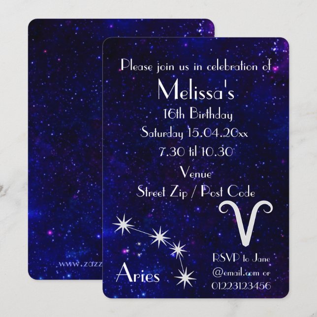 Invitation Personnalisé Aries Zodiac Galaxy Party (Devant / Derrière)