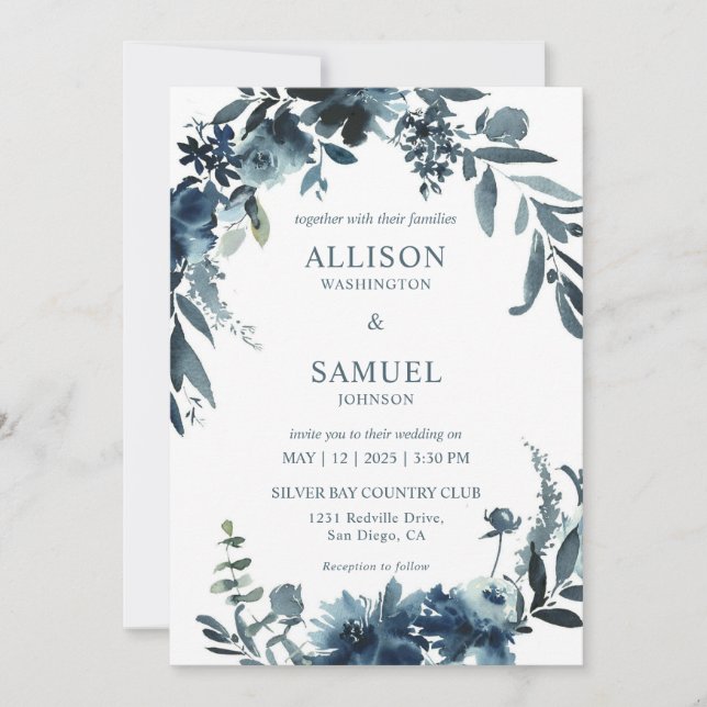 Invitation Personnalisé Blanc foncé bleu Mariage des fleurs d (Devant)