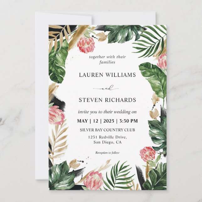Invitation Personnalisé Blanc Vert Peinture Mariage Tropical (Devant)
