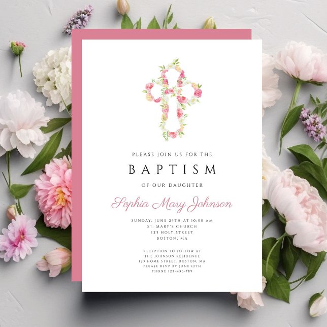 Invitation Personnalisé Elégant rose Floral Cross Baptême (Personalized Elegant Pink Floral Cross Baptism Invitation)