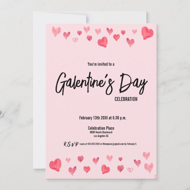 Invitation Personnalisé Galentine's Day Amis aquarelle coeurs (Devant)