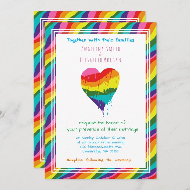 Invitation Personnalisé LGBT Rainbow Heart Mariage (Devant / Derrière)