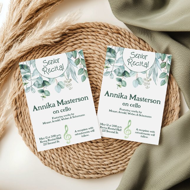 Invitation Personnalisé musique senior Considérant Feuille Th (Greenery themed custom senior music recital invitation template.)