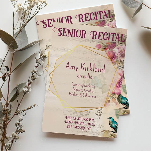 Invitation Personnalisé musique senior Considérant Floral Bir (Floral sheet music themed customizable recital invitation.)