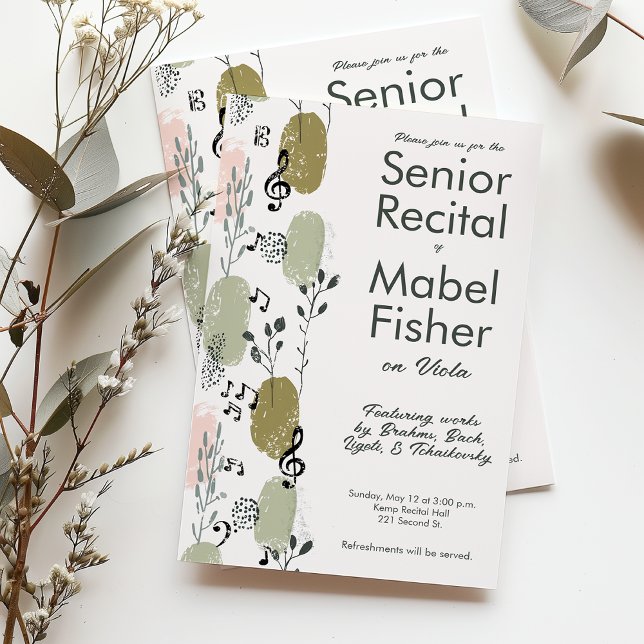 Invitation Personnalisé musique senior Considérant Verdure Ab (Custom senior recital invitations by Horn and Castle)