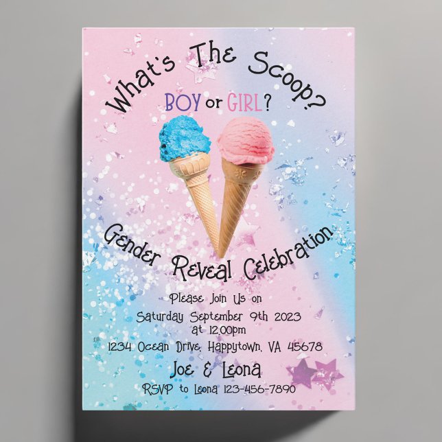 Invitation Personnalisé Qu'est-ce que la révélation de genre  (What's The Scoop Ice Cream Gender Reveal Party Invitation)
