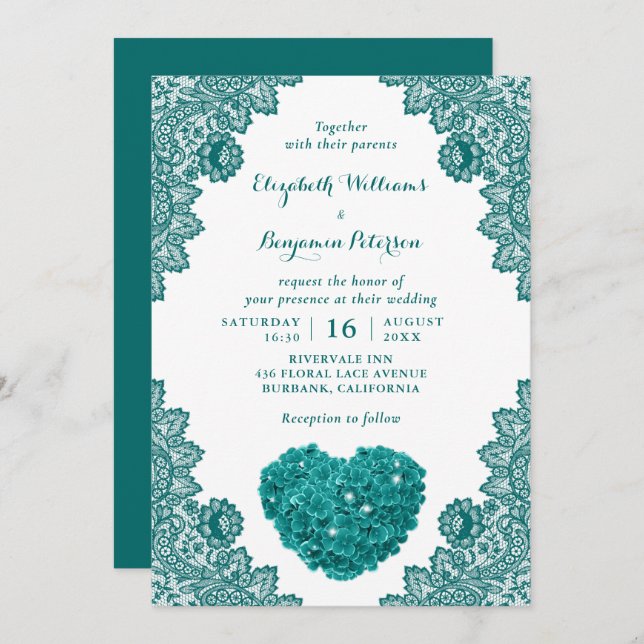 Invitation Personnalisé Rustic Turquoise dentelle Hydrangea M (Devant / Derrière)