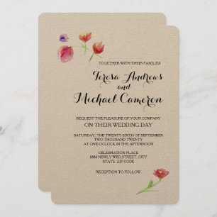 Invitation Personnalisé, Rustique, Fleur aquarelle, Mariage